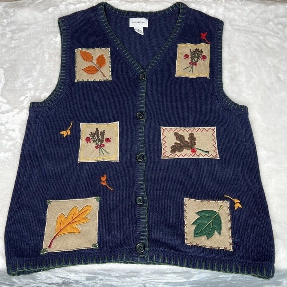 Parisian Works Women's Blue Embroidered Fall Leaf Patches Button-Up Sweater Vest - Picture 2 of 8